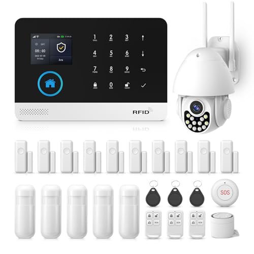 Sistema di allarme wireless Wi-Fi per la sicurezza domestica con telecamera esterna, kit di allarme GSM da 25 pezzi con sirena, sensori di movimento PIR, telecomandi, sensori per finestre/porte