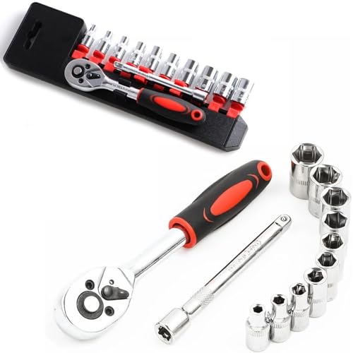LSLANSOON 1/4” Ratchet Socket Wrench Set, Mechanic Tool Kit and Sockets Set with Quick Release Reversible Ratchet Handle and Extension Bar, 12 Pcs Set 1 LSLANSOON 1/4” Ratchet Socket Wrench Set, Mechanic Tool Kit and Sockets Set with Quick Release Reversible Ratchet Handle and Extension Bar, 12 Pcs Set
