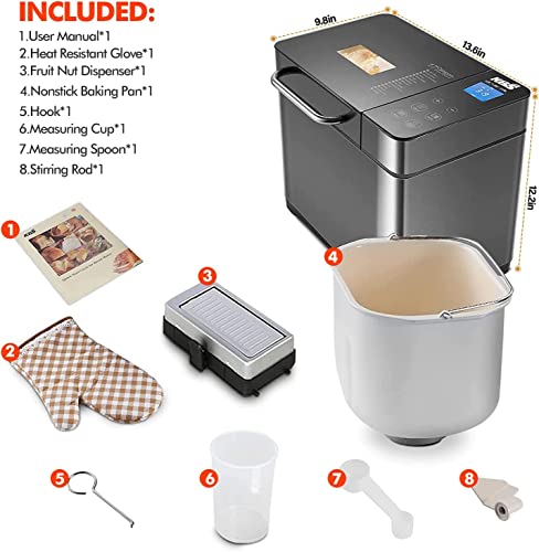 Kbs 17-In-1 Bread Maker-Dual Heaters, 710W Bread Machine Stainless Steel With Gluten-Free, Dough Maker,Jam,Yogurt Prog, Auto Nut Dispenser,Ceramic Pan& Touch Panel, 3 Loaf Sizes 3 Crust Colors,Recipes #TOP6