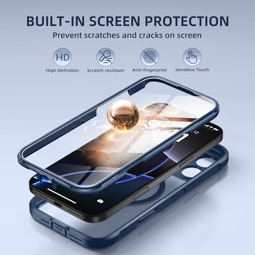 BERFY for iPhone 16 Pro Max Case, Compatible with MagSafe, Built-in 9H Tempered Glass Screen Protector and Camera Protection, Full Body Shockproof Clear Phone case for 16 Pro Max 6.9", Dark Blue