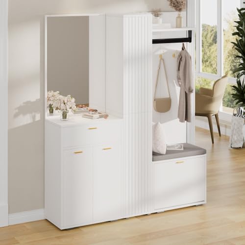Garderobenset mit Spiegel, Kleiderstange & Sitzbank, Kompaktgarderobe mit 3 Türen, Kippfach-Schuhregal & Schublade, Weiß, 150x36x180 cm für Diele, Flur, Eingangsbereich