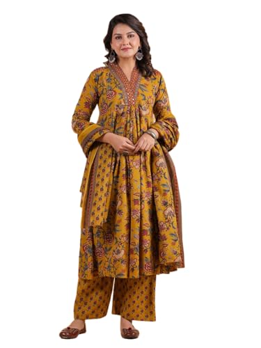 Image of Vbuyz Women Floral Print With Mirror Work Cotton Kurta Palazzo With Dupatta