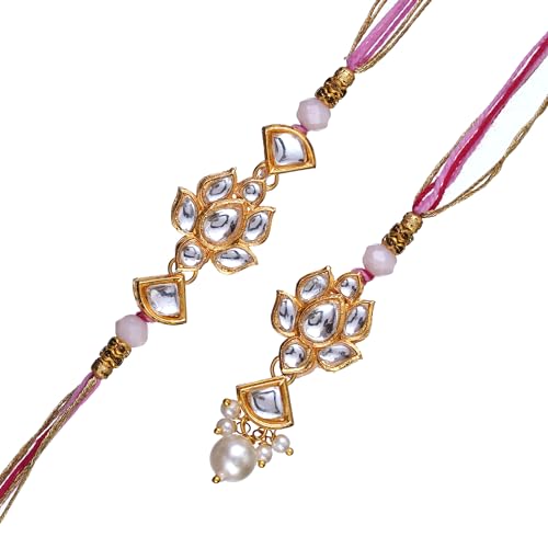 Image of eCraftIndia Set of 2 Lotus Floral Kundan Designer Rakhis, Best Bro Ever Fridge Magnet with Roli Chawal Pack - Rakhis for Brother, Bhabhi, Kids
