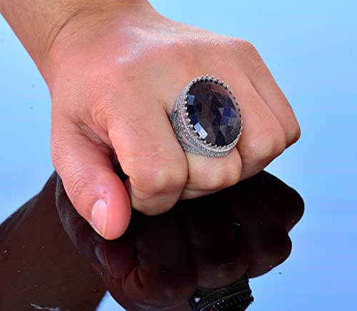 Genuine Blue Sapphire Gemstone Ring, 15.00 Carat, Ottoman Seal Ring, Sterling Silver Ring #TOP6