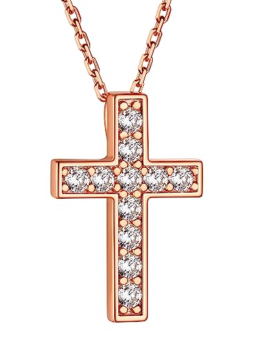 Gargantilla de plata de ley 925 para mujer, ajustable, chapado en oro/oro rosa, crucifijo cristiano con cadena de 16 + 2 pulgadas, Plata esterlina Zirconia cúbica, Circonia cúbica