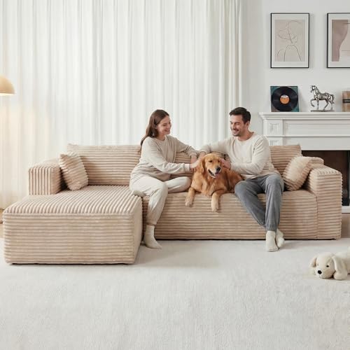 Yihomfy 279 cm Canapé d'angle en Forme de L avec Fonction Couchage -2 Oreillers- 3 Coussins- Canapé modulaire avec méridienne Gauche - Velours Côtelé...