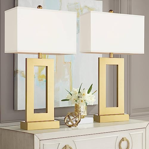360 Lighting Marshall 30" Tall Open Rectangle Large Modern Luxe Glam End Table Lamps Set of 2 Gold Finish Metal White Shade Living Room Bedroom Bedside Nightstand House Office Home Kitchen