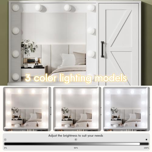 Image of Fameill Vanity Desk with Mirror and Lights,Make up Vanity with Chair and Outlet,Dressing Table with Jewelry Cabinet, Bedroom Vanity with 2 Drawers, 3 Lighting Colors,36.4 inch,Antique White
