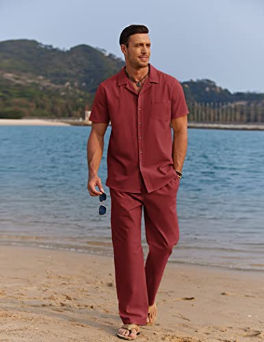 Image of COOFANDY Men 2 Piece Linen Outfit Beach Button Down Shirt Casual Loose Pant Sets