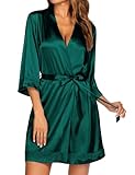 Ekouaer Robe Silk for Women Sexy Lace Bathrobe Lingerie Satin 3/4 Sleeves V Neck Knee Length Sleepwear