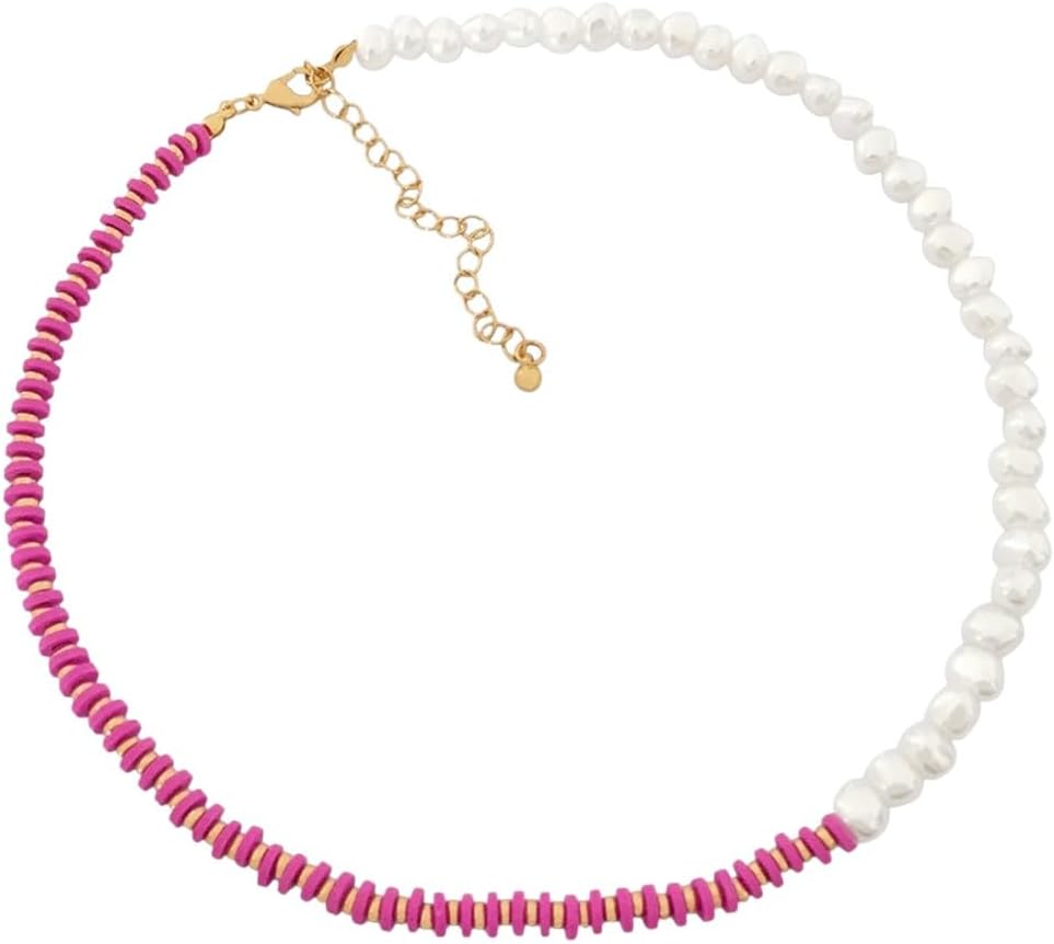 New 2026 Trendy White Pearl Fuchsia Polymer Clay Strand Statement Necklace For Women Her Casual Trendy Lovely Sweet Jewelry Accessory Perfect For Gift For Special Occasions