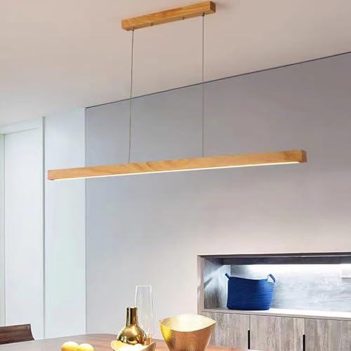 LED pendant light dining table wood dimmable, modern LED pendant light with remote control, height adjustable modern linear design living room hanging for dining room office kitchen lamp (A, L150cm)