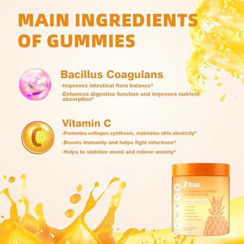 Image of Pineapple Gummies for Women pH, Premium Feminine pH Balance Gummy, Vaginal Probiotics, Immune Support, Vegan, Gluten-Free, 60 Gummies 30 Servings