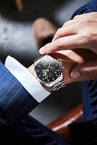 Olevs Men's Black Watch Moon Phase Business Analog Quartz Luxury Dress Stainless Steel Waterproof Luminous Chronograph Wristwatch #TOP3