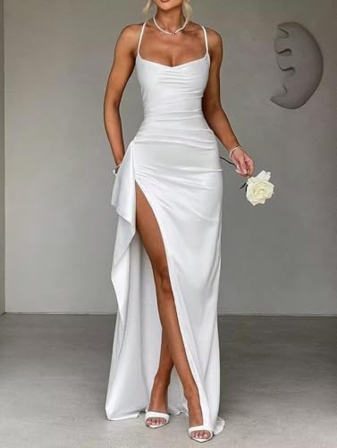 Spaghetti Straps Prom Dresses Long Satin Pleated Ball Gown Off Shoulder Formal Evening Party Dresses with Slit2