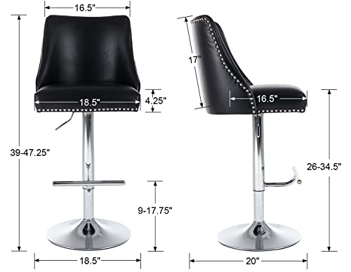 Kmax Leather Bar Stools Swivel Adjustable Counter Height Stools With Silver Base Nailhead Footrest For Kitchen Island, Set Of 4- Black #TOP2