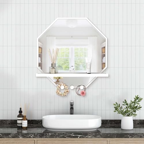 Image of BEAUTME 20x20 inch Octagon Wall Mirrors with Shelf and Hooks, Metal Framed Octagon Mirror for Entryway, Modern Farmhouse Decor Wall Mounted Mirror for Living Room Bedroom Entryway (White)