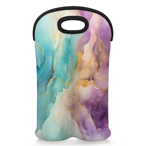 GzLeyigou 2 Bottles Natural Luxury Wine Bag Sleeve Totes Gouache Painting Neoprene Protective Wine Carrier Bag for Wine,Water, Champagne, Beer, Baby Bottles,Gift 14.5 x 10 Inches