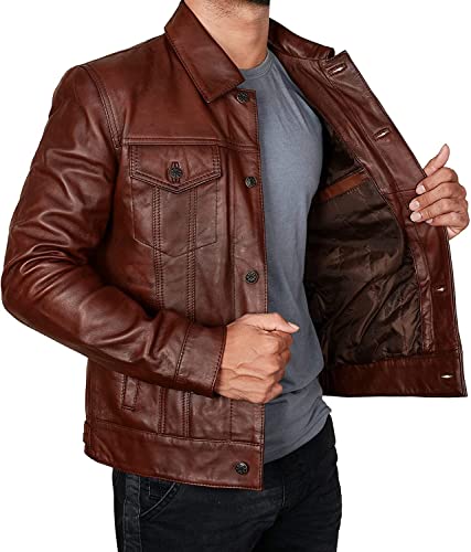 Vintage Real Lambskin Leather Trucker Jacket Men - Black & Brown Genuine Leather Western Style Cowboy Coat3