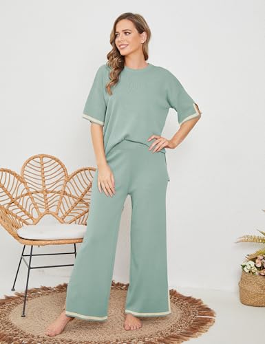 Image of Tanming Sweater Sets Women 2 Piece Lounge Sets Short Sleeve Knit Pullover Tops Wide Leg Pants