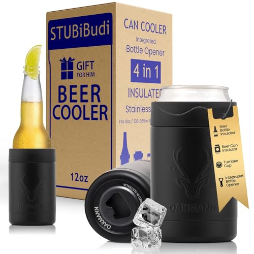 Image of Stainless Steel Beer Cooler With Bottle Opener, Vacuum Insulated Can Cooler 12 oz for Bottles Cans, 4-in-1 Universal Insulator Coozy for Bottles Cans, Best Beer Gifts for Men (Black)