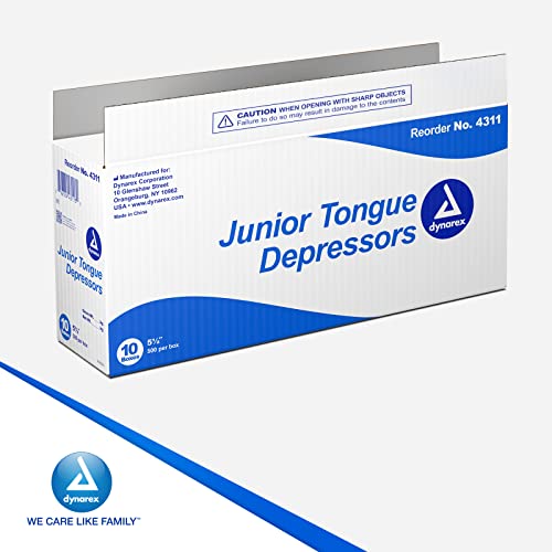 dynarex tongue depressors wood junior 5 34 non-sterile with precision cut and polished smooth edges for medical use and other applications 1 case of 5000 tongue depressors 5 34 10 boxes of 500