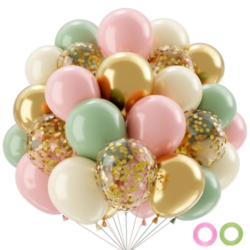 QIFU Luftballons Rosa Grün Gold-50Pcs Luftballons Salbeigrün Weiß Pastell Rosa Pastell ballons Helium Ballon Für Prinzessin Geburtstag Mädchen Hochzeitsdeko Babyparty Dschungel Hochzeit baby shower