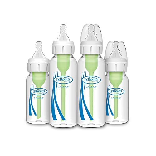 Image of Dr. Brown’s Natural Flow® Anti-Colic Options+™ Narrow Glass Baby Bottles 8 oz/250 mL & 4 oz/120 mL, with Level 1 Slow Flow Nipple, 4 Pack, 0m+