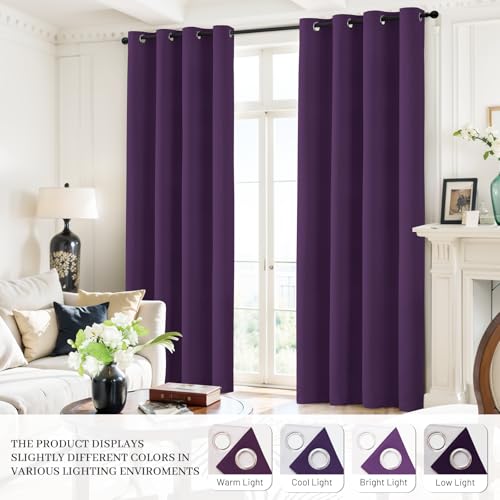 Yakamok Room Darkening 100% Blackout Curtains Grommet Window Treatments with 2 Thick Layers-Purple Thermal Insulated Drapes Set of 2 Panels for Bedroom Living Room 52 Inches by 96 Inches Length