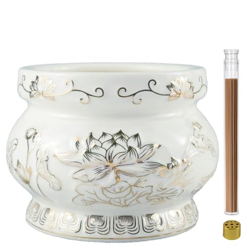 Gopupu Ceramic Incense Burner Pot Small Incense Bowl with Sticks and Brass Stand Decorative Lotus Incense Holder Censer for Meditation Praying Buddha 4 Inch