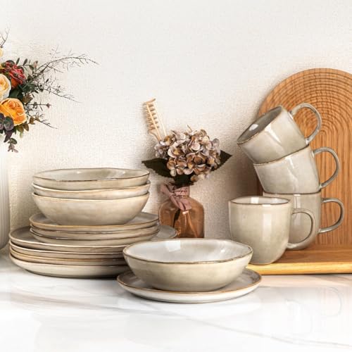 Image of AmorArc Ceramic Dinnerware Sets,Handmade Reactive Glaze Stoneware Plates and Bowls Sets,Highly Scratch Resistant | Dishwasher & Microwave Safe Dishes Set,Service for 4 with Mugs (16pc)