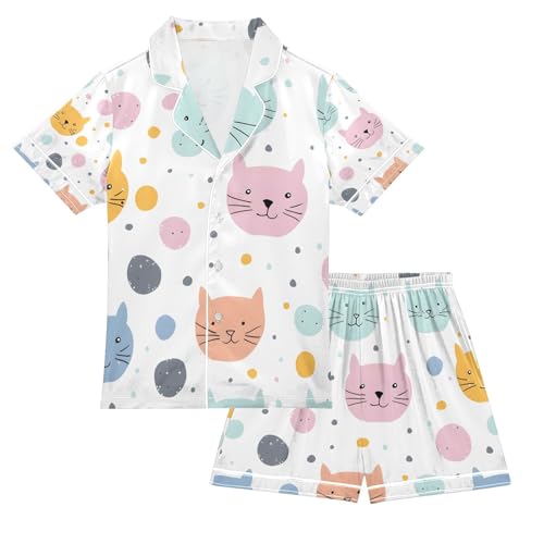 senya Cartoon Cat Color A Satin Summer Pajama Sets Silk Short Sleeve Button Down Sleepwear