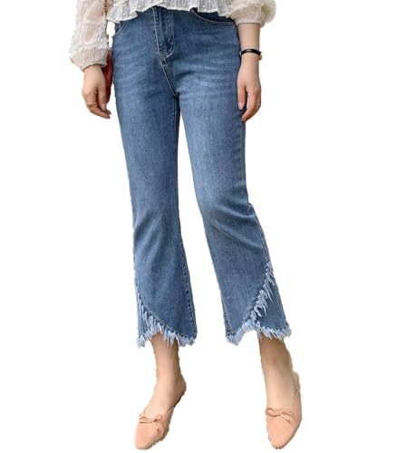 FTIMILD Womens Fashion Forward Ripped & Distressed Denim Jeans Stretch Tassel Fringe Cropped Denim Pants with Frayed Hem