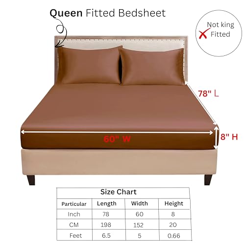 Image of RD TREND Microfiber Satin Weave Fitted Bedsheets for Queen Size Bed 78x60x10 Inch with 2 Pillow Covers-18x28 Inch | 400 TC All Around Elastic | Coffee