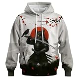 QTAGTESS Samurai Cat Hoodie for Men Manga Art Japanese Warrior Graphic Sweatshirts,Black White,XL