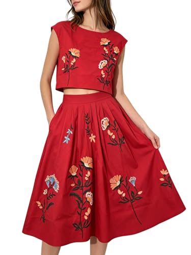 Image of Women Floral Embroidery Dress Sleeveless 2 Piece Tank Top and Skirt Loose Fit Boho Dress