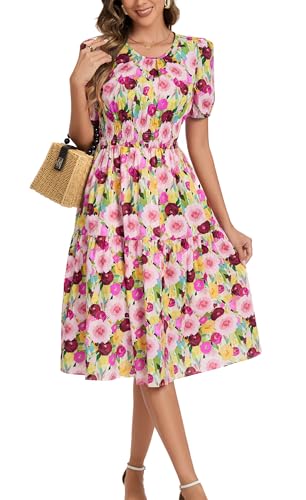 Image of Kormei Women Summer Casual Boho Floral Round Neck Short Sleeve Smocked Waist Tiered Flowy Swing Midi Dress
