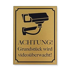 SignOnline Videoüberwachung Schild mit 4 Bohrlöcher | 15×20 Cm | Achtung Grundstück Wird Videoüberwacht | Schutzschicht | Wetterbeständig | Aluminium-Messing | Infoschild