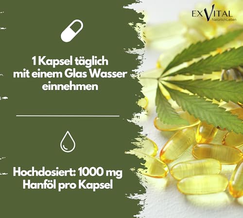 EXVital HANFÖL Kapseln - hochdosiert & kaltgepresst | 365 Kapseln (Jahresvorrat) | 1000mg je Kapsel | Laborgeprüft | pflanzliche Omega 3,6 + 9 - Hanfsamenöl | Made in Germany