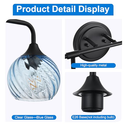Image of MELUCEE 15 Inch 2 Light Bathroom Wall Lights with Blue Striped Swirl Glass Shade, Black Bathroom Lights Over Mirror Vanity Lighting Fixtures Wall Lamp for Bathroom, Living Room, Hallway