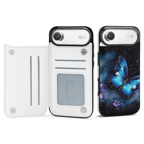 Étui portefeuille pour iPhone 17 Galaxy avec motif papillon bleu et fentes pour cartes