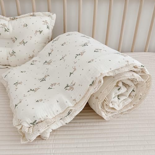 Image of BuLuTu Cute Laurel Design Toddler Quilt Muslin Cotton Comforter Lightweight Soft Nursery Blankets Floral Beige Crib /Toddler Bed Quilted Blanket for Unisex Baby Boys Girls, 47 inchx59 inch