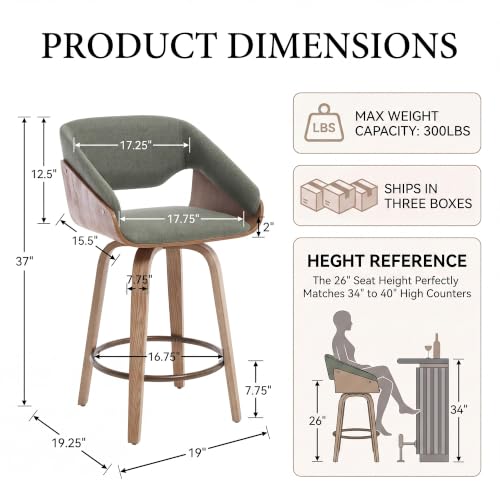 Image of HNY 26 inch Swivel Bar Stools Set of 5, Green Linen Counter Height Barstools | 360 Swivel Bar Height Stools, Barrel Backrest, Solid Wood Frame, Round Footrest, Counter Stools for Kitchen Island, Home Bar