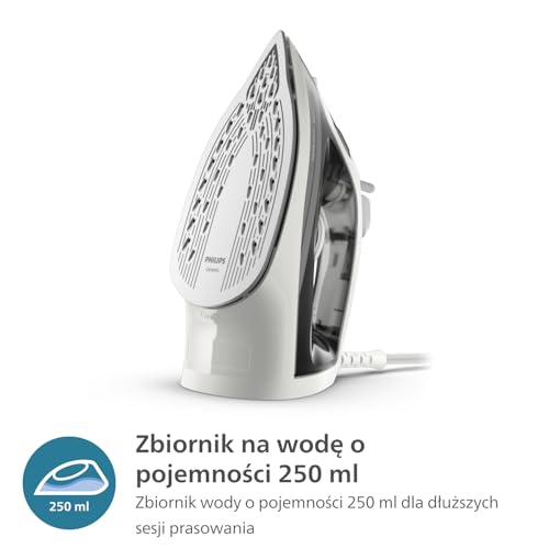 Philips Żelazko Parowe z Serii 2000 - Do 25 g/min Strumienia Pary, Moc 2000W, Zbiornik wody 250 ml, Szybkie Usuwanie Zagnieceń, 4 Ustawienia Pary, Ceramiczna Stopa, Lekkie, Kolor Szary (DST2020/80)