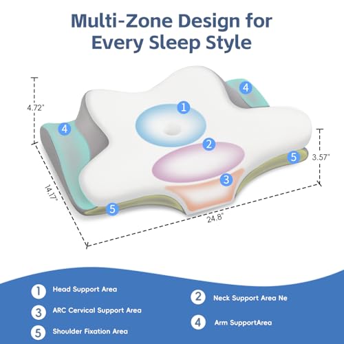Image of Cervical Neck Pillow, Memory Foam Pillows for Neck and Shoulder Pain Relief, 2 Heights Ergonomic Pillow with Breathable Ice Silk Cover, Neck Support Pillow for Side Sleepers White