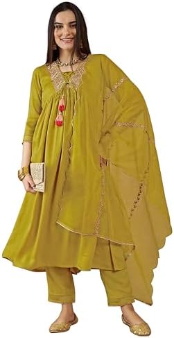 TRENDMALLS Women's Art Silk Embroidery Salwar Suit Set Kurta Pant with Dupatta (G268-Yellow-L)