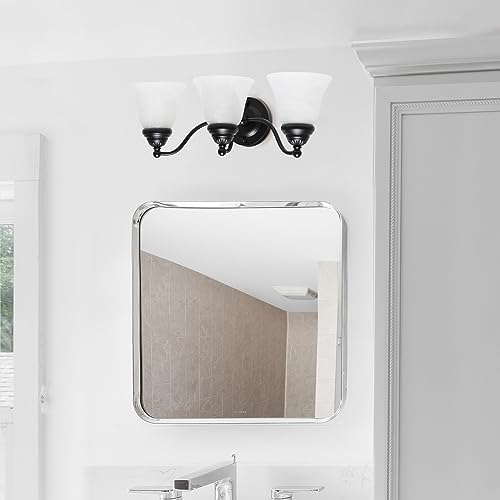 Image of Simple Designs VT1023-BLK 19.25 inch Classic 3 Light Winding Metal and Frosted Marble White Bell Shape Glass Shades Decorative Wall Mounted Vanity Fixture For Bathroom, Entryway, Hallway, Black