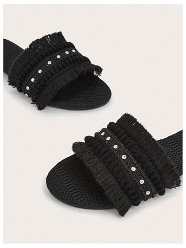 Image of OYOANGLE Women's Fringe Straw Sandals Crochet Open Toe Single Band Flat Slip On Sandals