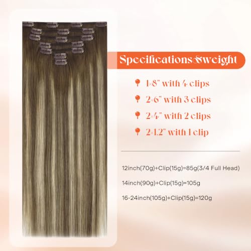 Image of Sunny Hair Clip in Hair Extensions Real Human Hair Brown Blonde 14 Inch | Human Hair Clip in Extensions Balayage, Heat Styling Friendly, Soft Blend, Natural Volume Lightweight for Everyday Wear 105g