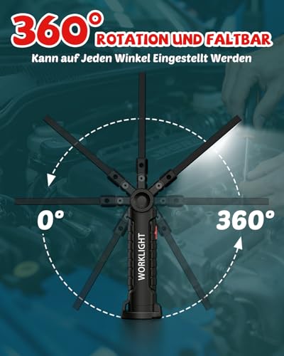 Coquimbo LED Arbeitsleuchte Werkstattlampe, Taschenlampe LED Aufladbar Werkstatt Handlampe mit Magnet und Haken für Auto Reparatur Camping Notfall, Geschenke für Männer (4 Stück, Schwarz)